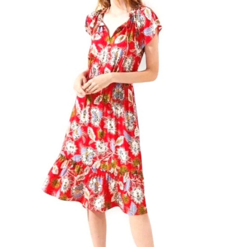 Loft Red Floral Flowy Midi Dress Size XXS